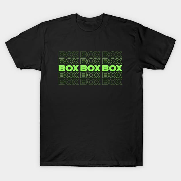 Box Box Box F1 Faded Green Text Design T-Shirt by DavidSpeedDesign